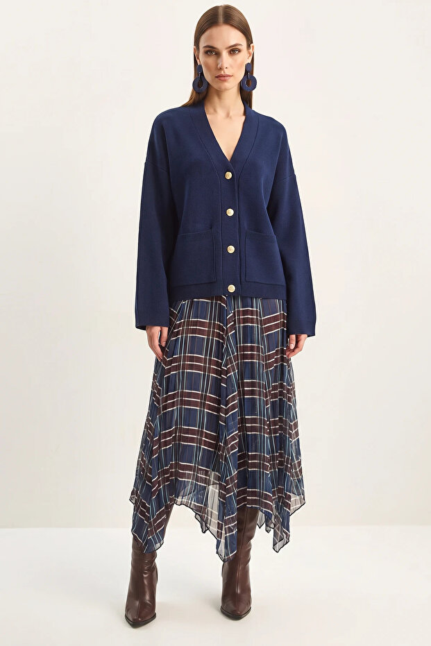 Women's Plaid Patterned Crinkle Effect Lined Midi Chiffon Navy Blue Skirt