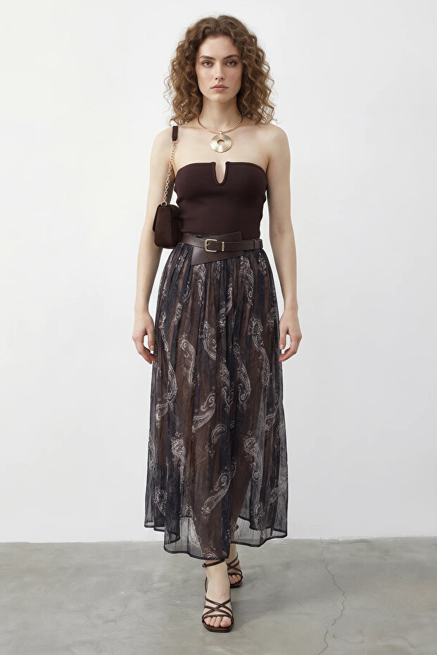 Women's Shawl Patterned Elastic Waist Lined Belted Long Tulle Navy Blue Skirt