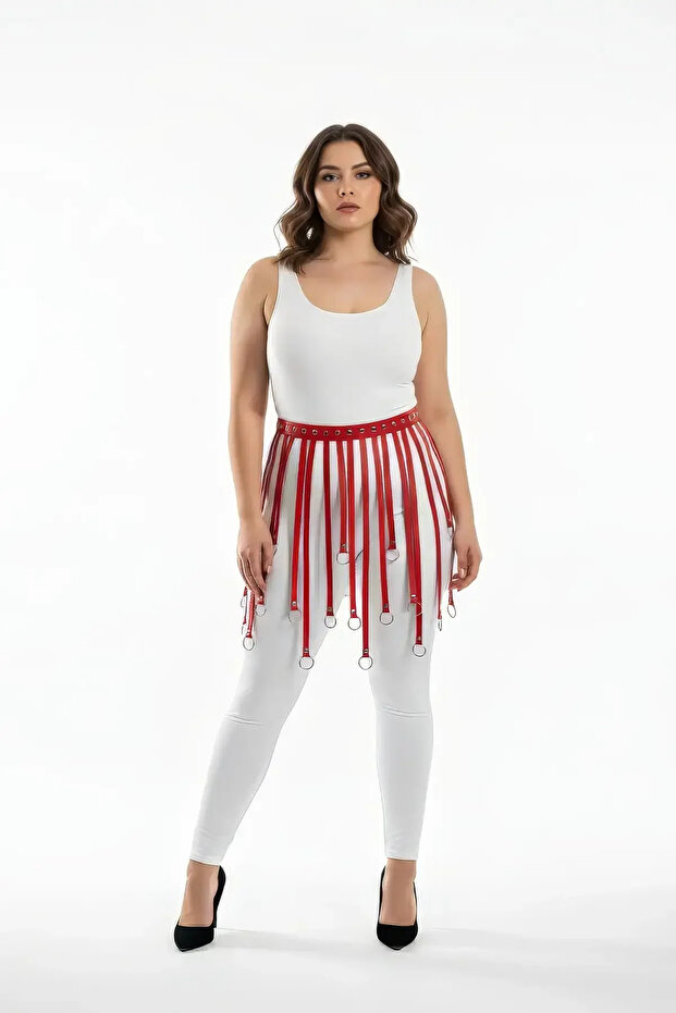 Red Ring Detailed Faux Leather Skirt with Strap Belt