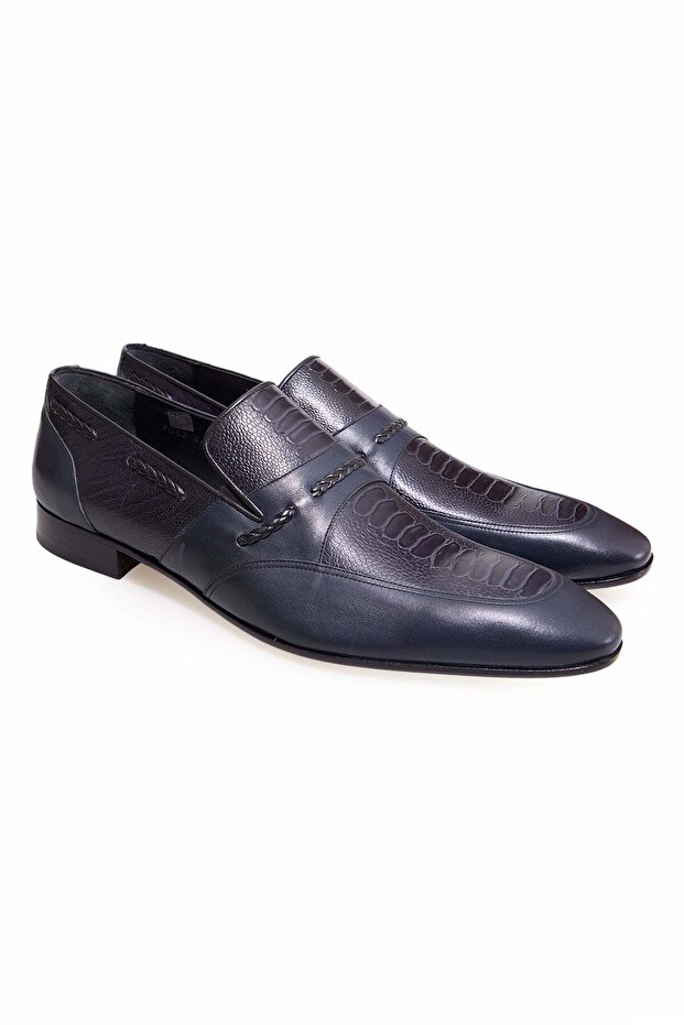 Dark Blue Color Laceless Genuine Leather Men's Shoes