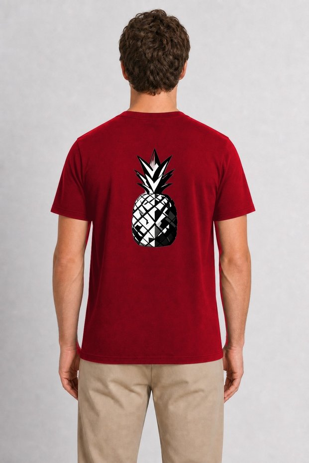 Men's Geometric Pineapple Graphic T-Shirt with Back Print - Red