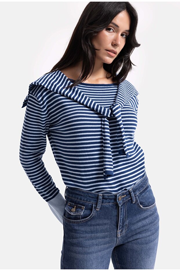 Women's Blue Striped W6-56 Shoulder Insert Detailed Design Knitwear Sweater