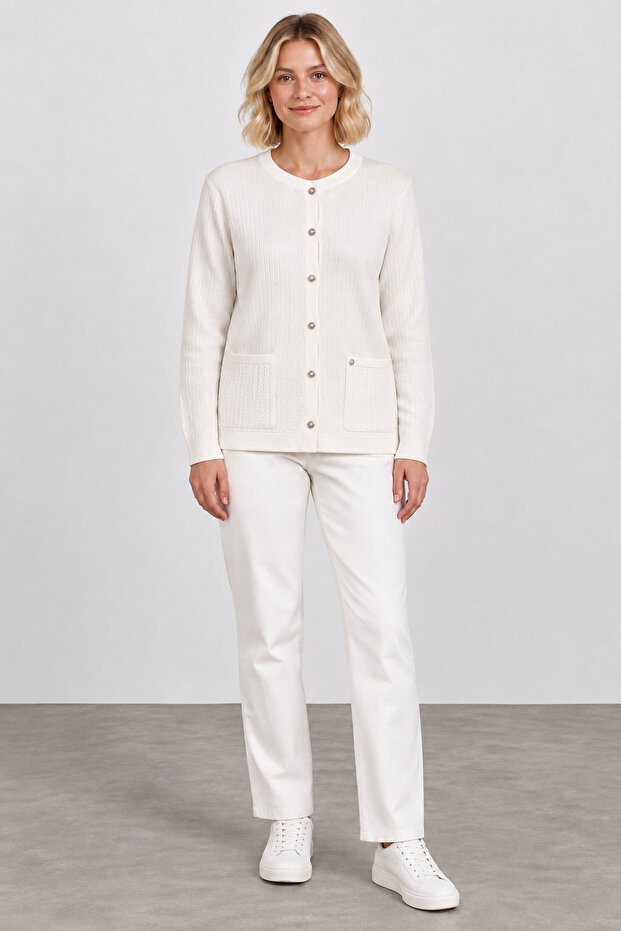 Women's Buttoned Double Pocket Knitwear Jacket 20637 - Ecru