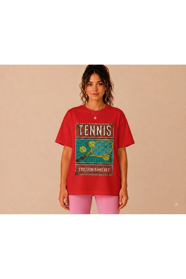 Unisex Oversize Tennis Printed T-Shirt 100% Cotton Tennis Themed Comfortable Fit Short Sleeve T-Shirt