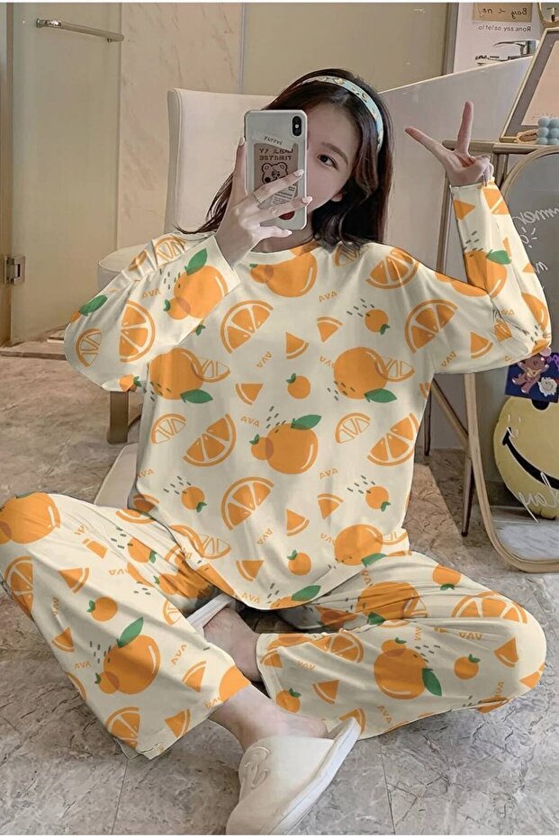 Long Sleeve Pajama Set Orange Super Soft Basic Single Jersey