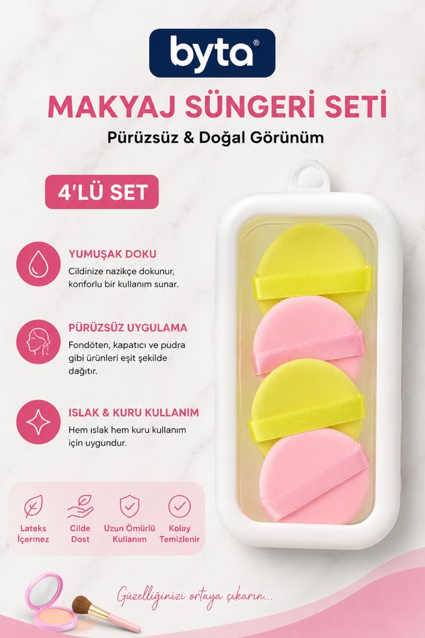 Smarthings 4-Piece Makeup Powder Sponge Set – Soft Textured, Finger-Strap Foundation and Powder Application Puff