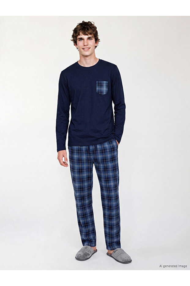 Navy Blue Regular Fit Plaid Men's Pajama Set