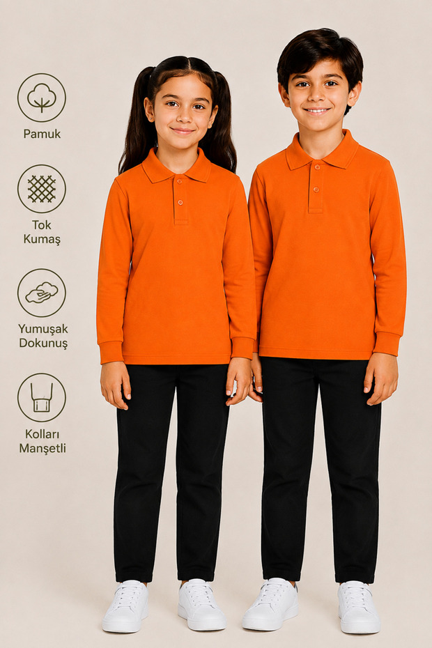 Long Sleeve Polo Collar Tok Fabric Cotton School T-Shirt Unisex School Uniform