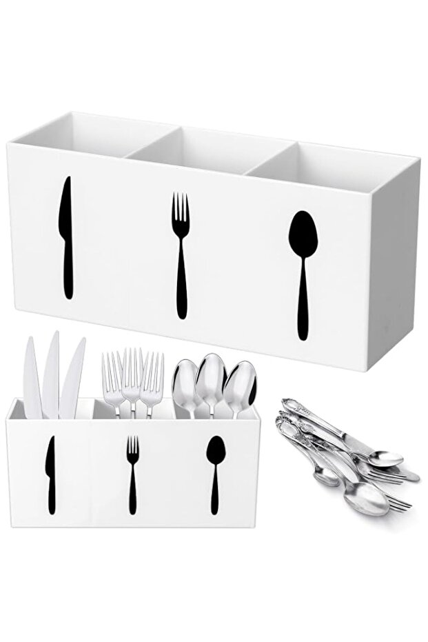 Suzile Acrylic Cutlery Storage Organizer Bin Silverware Caddy Countertop Knife Spoon and Fork Holder Kitchen 3 Section Tableware Storage Box for Cabinet Indoor Home Flatware Dining Room (White,M)