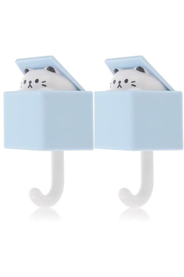 Tazweeq 2 Pcs Cute Cat Hooks for Wall, Creative Adhesive Kitten Hooks for Coat, Scarf, Hat, Towel,Key, Bag, Wall Hanging Decorations (Blue)