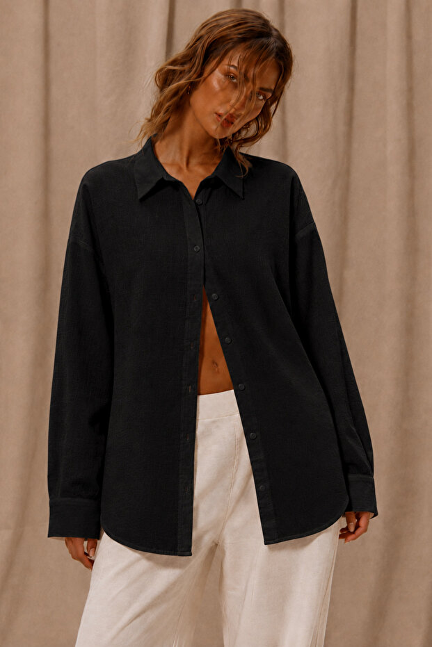 Breathable Regular Muslin Fabric Long Sleeve Collared Men's Shirt - Black