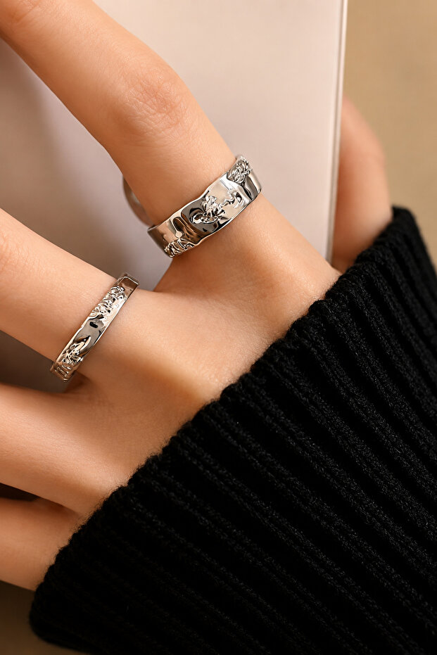 Women's Silver Color 2-Piece Ring Set Patterned Minimal Model