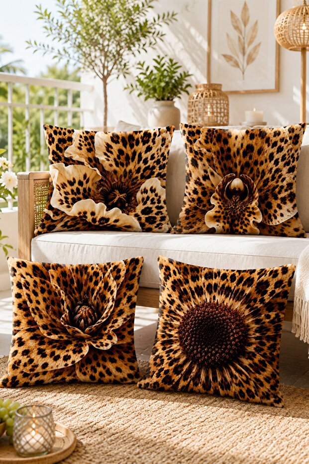 Leopard Themed Floral Patterned 4-Piece Throw Pillow Cover Set
