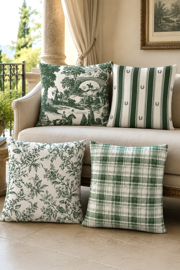 Set of 4 Cushion Covers with Green Flowers and Horses Pattern