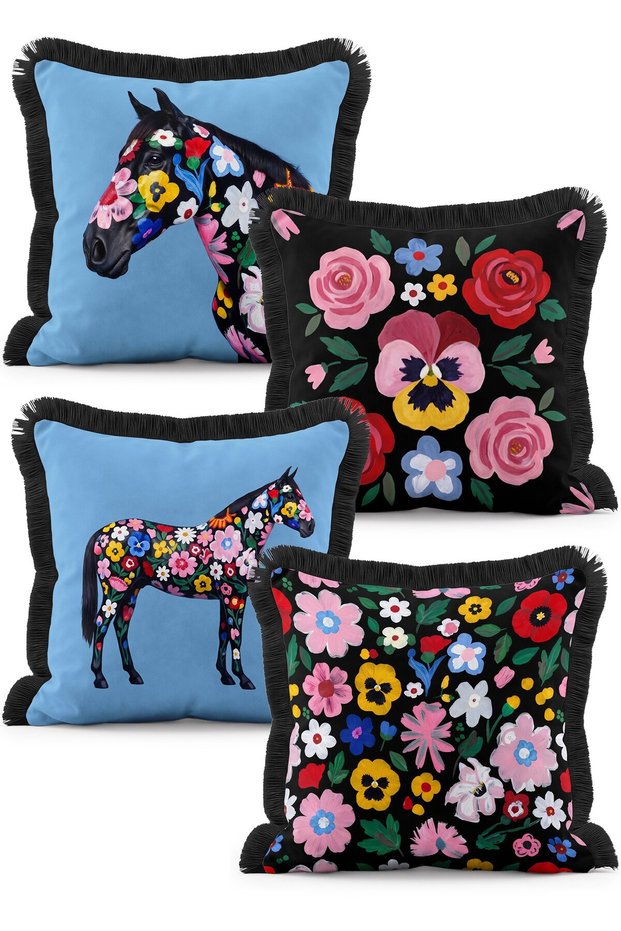 Blue and Black 4-Piece Fringed Throw Pillow Cover Set with Floral Pattern and Horse Figure