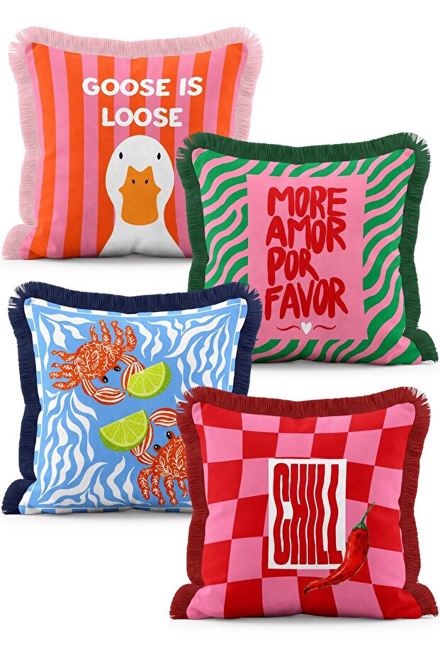 Pop Art Written Goose Pepper and Crab Patterned 4-Piece Fringed Throw Pillow Cover Set