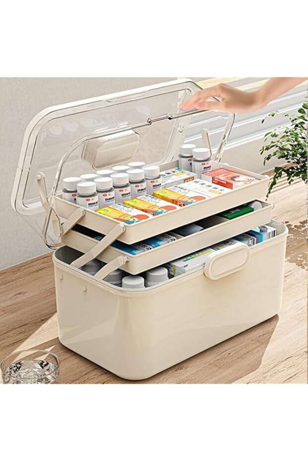 3-Layer Foldable Medicine Storage Box, Multifunctional Plastic Organizer with Handle, Portable Divided Storage Case for First Aid, Makeup, Tools & Small Items (Medium)