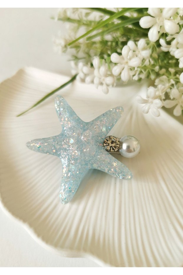 Sparkling Blue Stone and Pearl Detailed Pliers-Style Starfish Clasp 5.5X5.5 cm