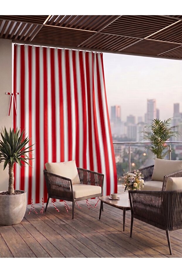 Balcony Curtain with Width and Length Options, Lace-Up Balcony Tarpaulin with Red Stripe Pattern