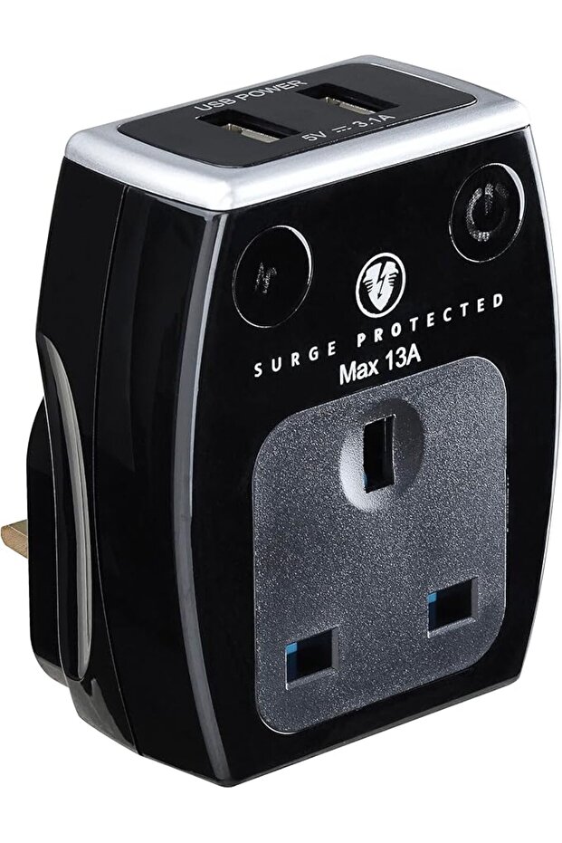 محول طاقة ذو مقبس واحد من ماستربلج، محمي من اندفاع التيار مع منفذي شحن USB، لون أبيض لامع