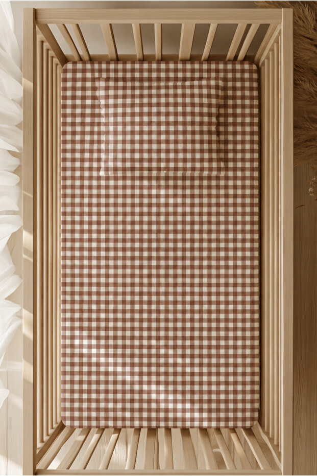 100% Cotton Ranforce Elastic Sheet Set - Brown Gingham Patterned Park Bedding 70X120 35X45