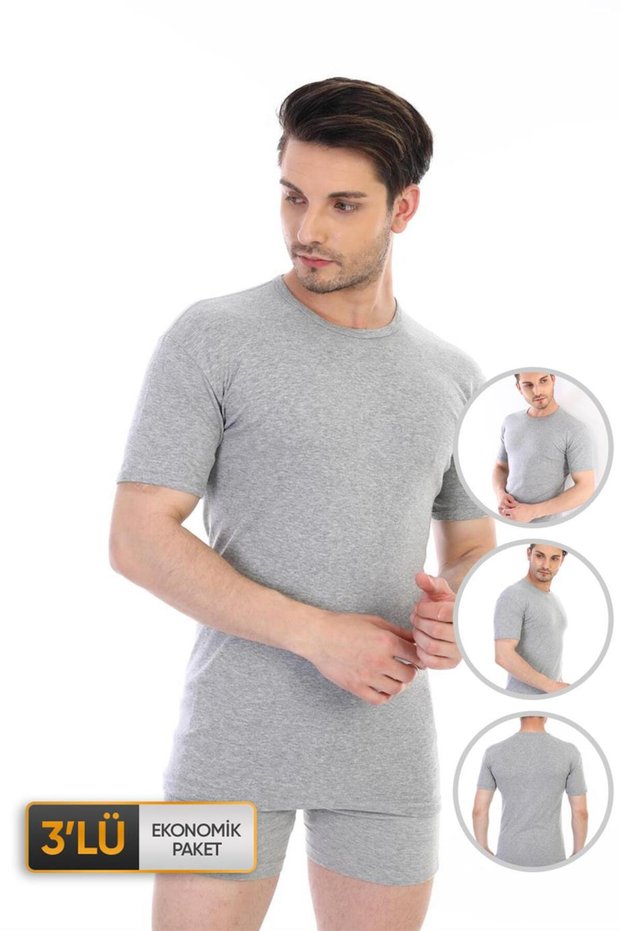 Men's Ribbed Crew Neck Gray Undershirt 0841 Economical Pack of 3