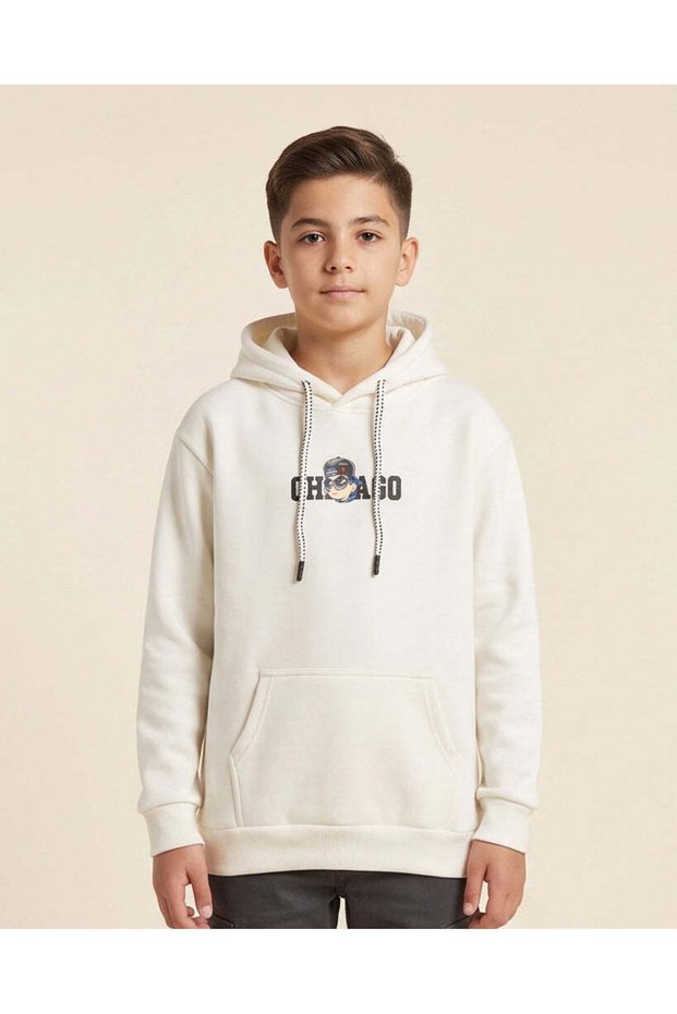 Senior Boys White Printed Hooded Sweatshirt