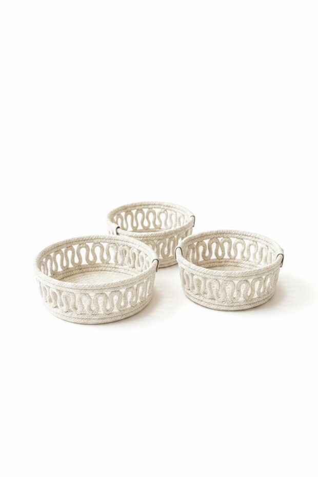 Bohemian Style 3-Piece Cotton Rope Basket Set - Leather Detailed Home Organizer (6 Color Options)