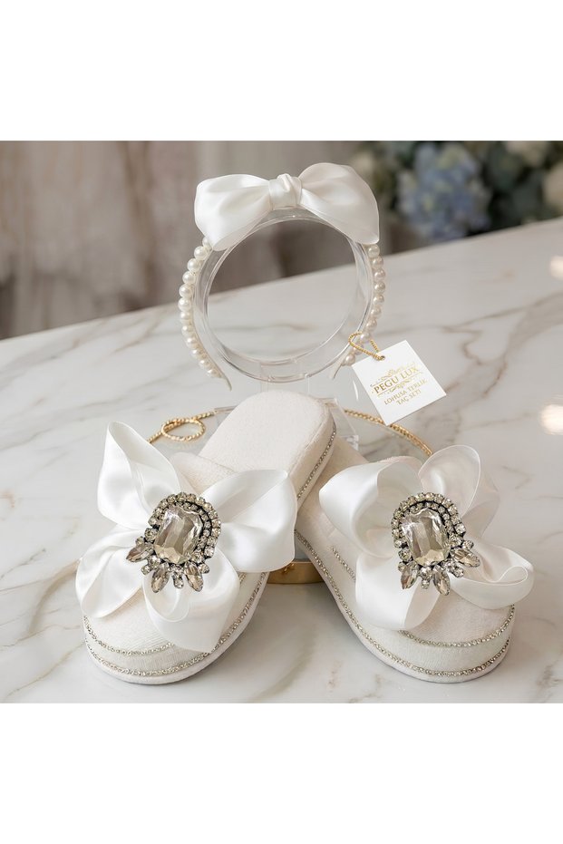 Pegu Crystal Stone Satin Bow Mother-Of-Pregnancy Slippers Crown Set, Handmade, Special Design, Bride, Bow, Maternity, Pregnant..