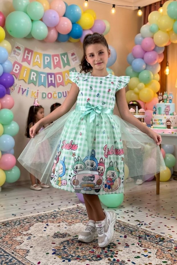Girl's Labubu Printed Tulle Detailed Gingham Birthday and Party Dress