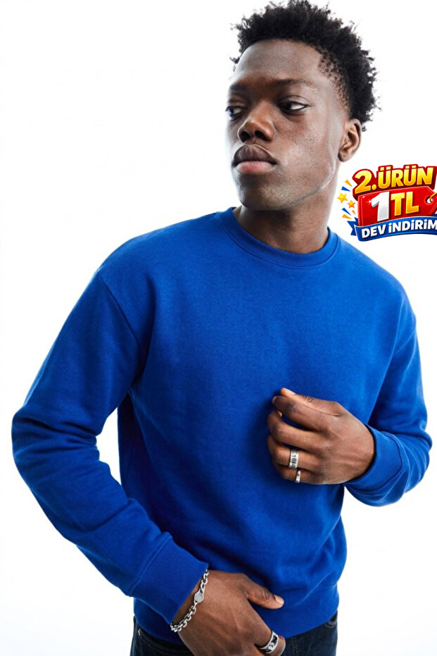 Men's Regular Long Sleeve Blue Basic Sweatshirt