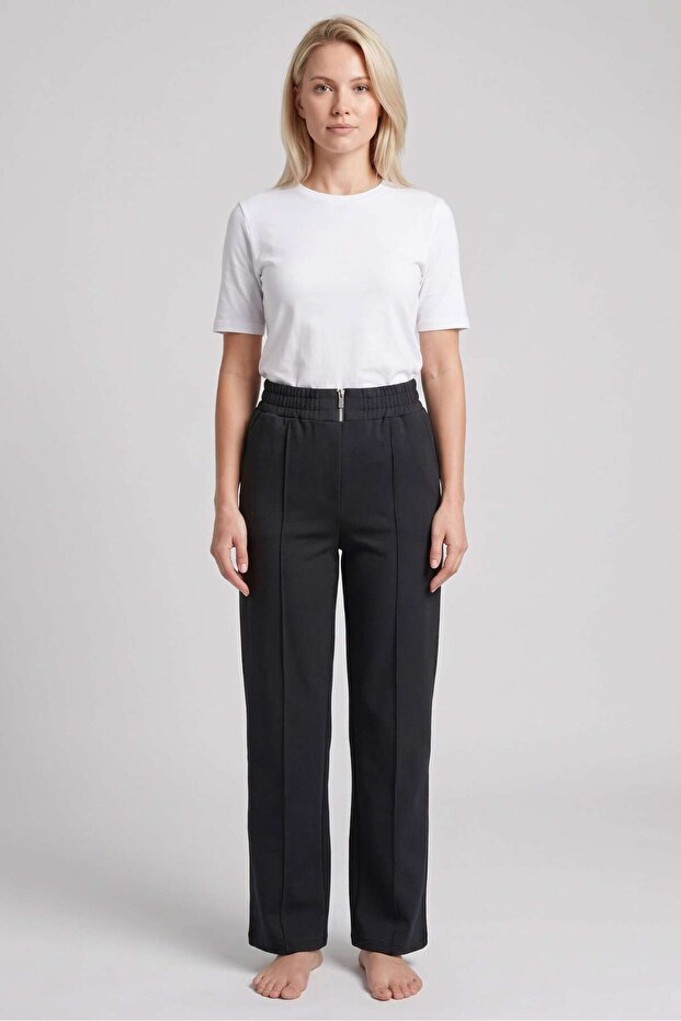 Women's Black Zipper Detail Viscose Trousers