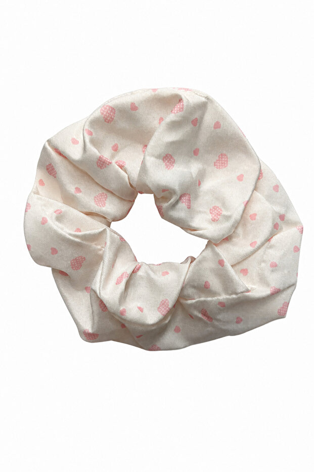 Stylish and Cute Heart Patterned White Fabric Scrunchie Hair Tie Elastic