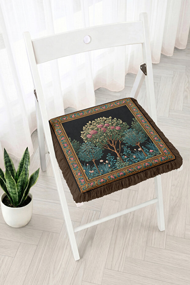 Framed Tree and Leaf Pattern Fringed Zippered Chair Cushion - Vintage and Botanical Tufted Cushion