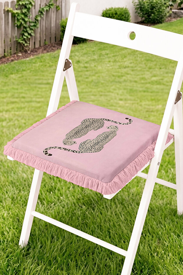 Leopard Patterned Chair Cushion with Two Cat Figures and Fringes - Modern Decorative Cushion with Tassels