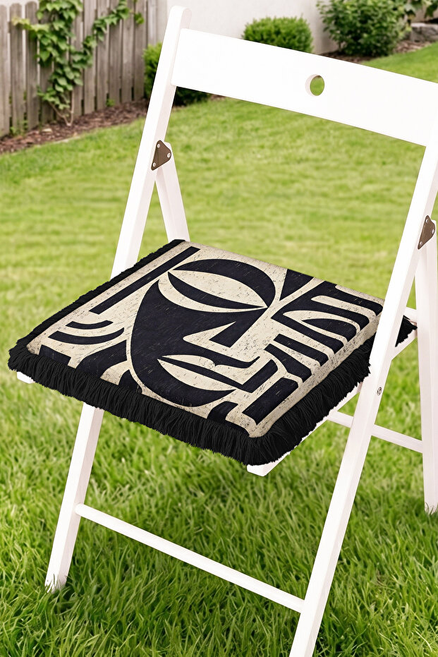 Modern Abstract Face Figured Fringed Zippered Chair Cushion - Tufted Linear Retro Home Decor