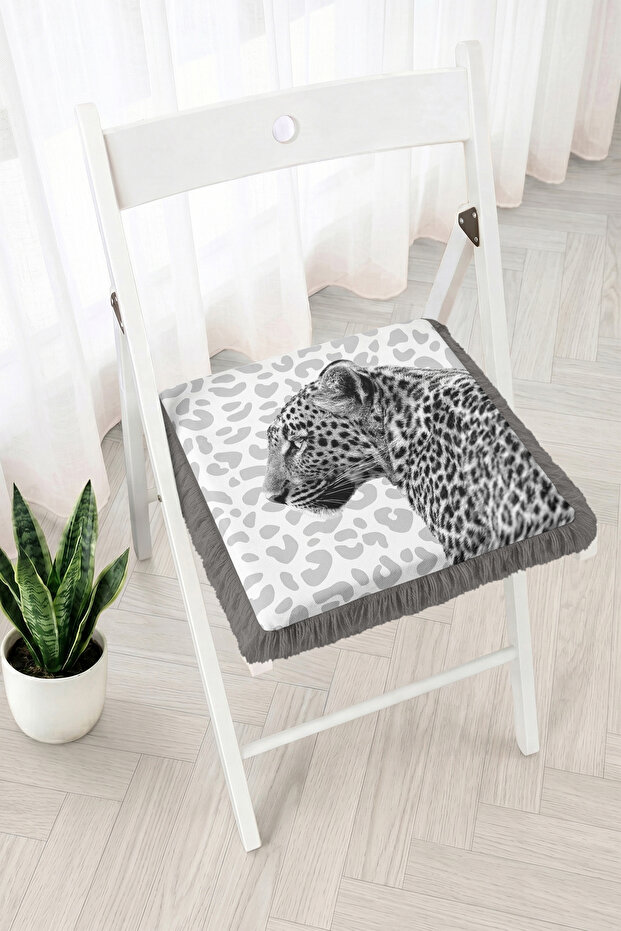 Leopard Figured and Leopard Patterned Fringed Zippered Chair Cushion - Modern Tufted Cushion