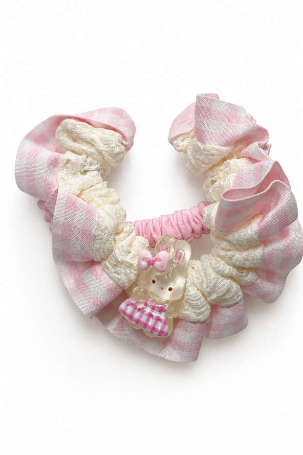 Pink and White Ruffled Rubber Clip with Cute Rabbit Figure Children's Hair Accessory