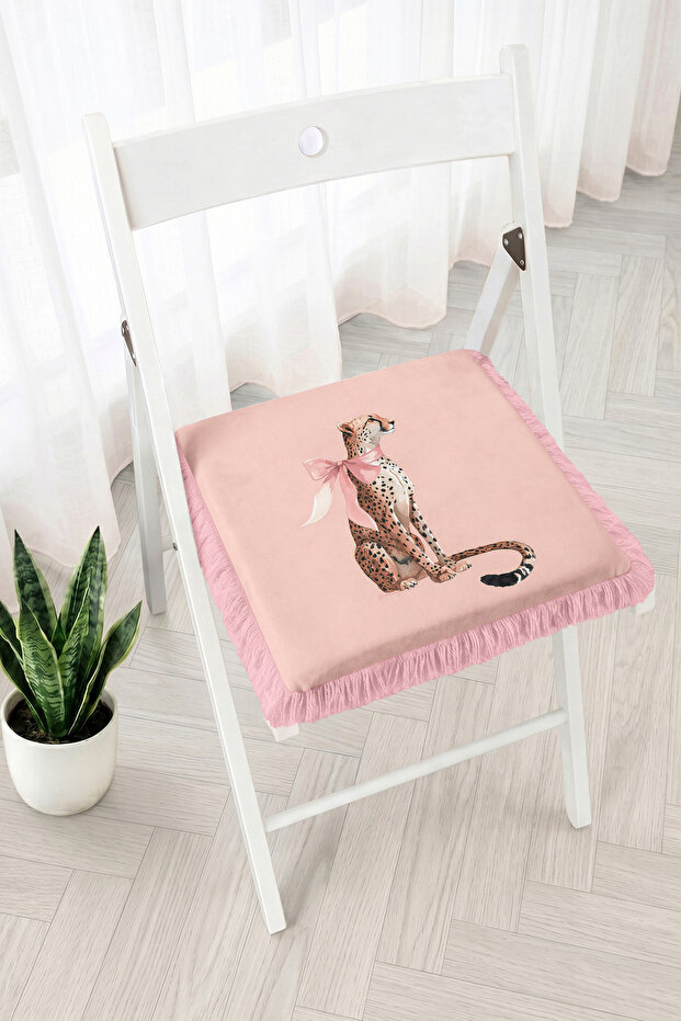 Pink Bow Leopard Figured Fringed Zippered Chair Cushion - Tufted Patchwork Kitchen Decoration