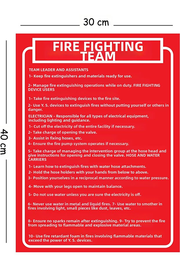 Metal Fire Fighting Team 30X40 cm A3 Warning Work Safety Sign