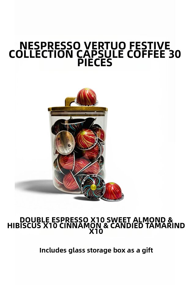 Festive Cinnamon -Hibiscus -Espresso Vertuo Capsule Coffee 30 Pieces + Glass Storage Box Gift