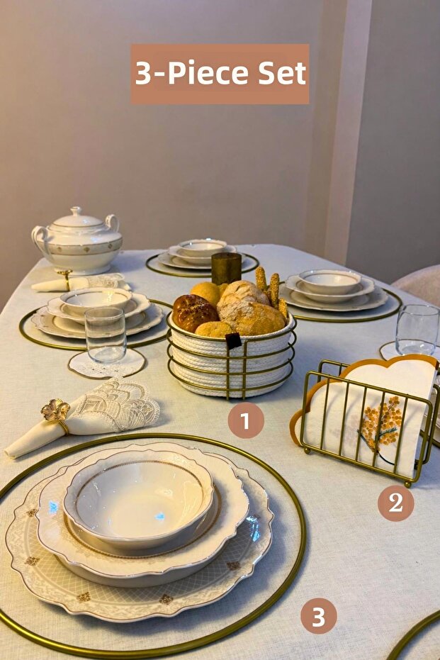 Set of 3 Matte Gold 6-Piece Supla Cage Napkin Holder Round Bread Basket Kitchen Set