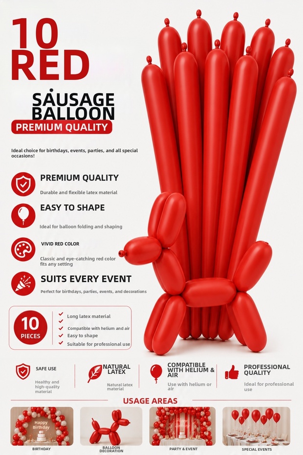10 Pcs Red Color Sausage Balloon Long Balloon Party Decoration Balloon