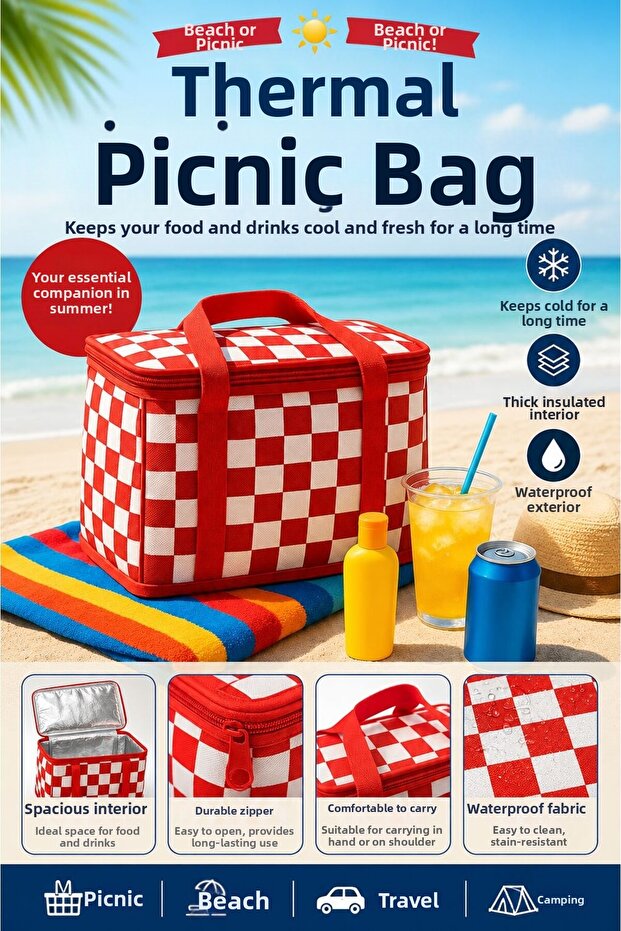 Thermal Picnic Bag 25 Lt Red White | Cooler Bag for Camping Beach Car
