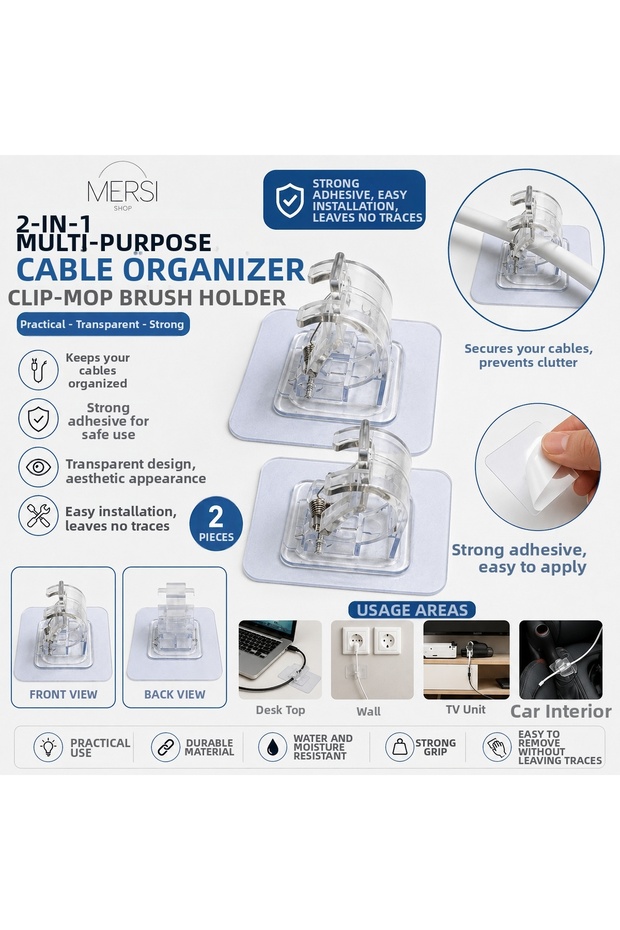 2-Pack Multi-Purpose Adhesive Cable Organizer with Clamps for Mop and Broom Holder