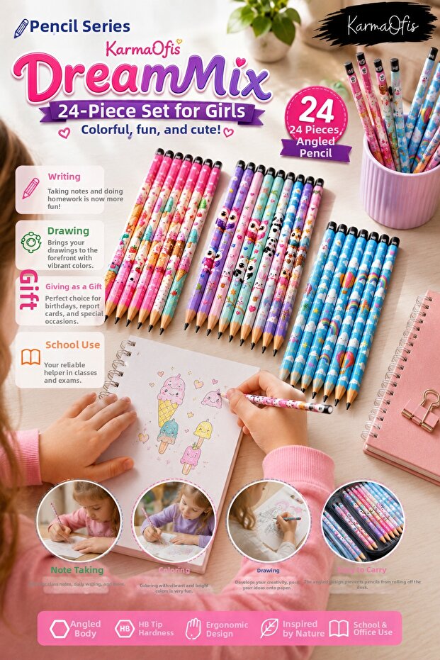 Dream Mix Premium Patterned Hb Pencil Set 24-Piece Cornered Body Mixed Themed Domestic Production