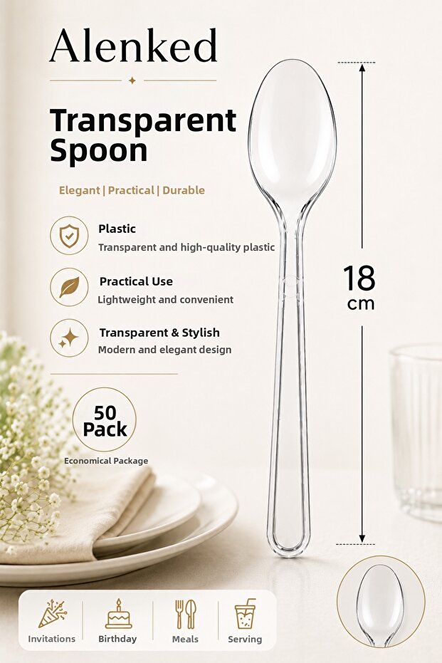 Transparent Plastic Spoon 18 cm Pack of 50