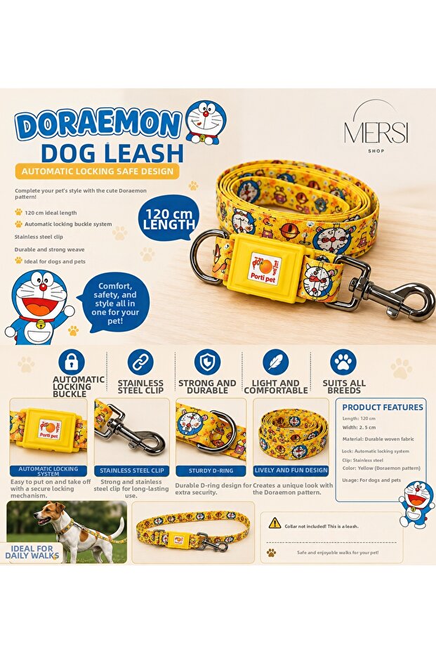 Doraemon Patterned Automatic Locking Dog Walking Collar 120 cm | Stainless Steel Clip-On Pet Leash