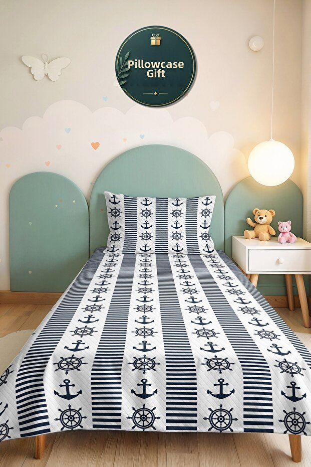 Marine Navy Blue Youth Room Single Pique Set - Striped White 160X220 cm Quilted Bedspread