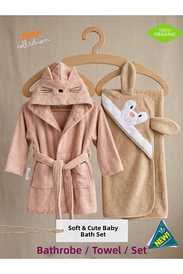 100% Organic Cotton Embroidered Baby Bathrobe Towel Pouch Set - 3-Piece Combination Bath Set